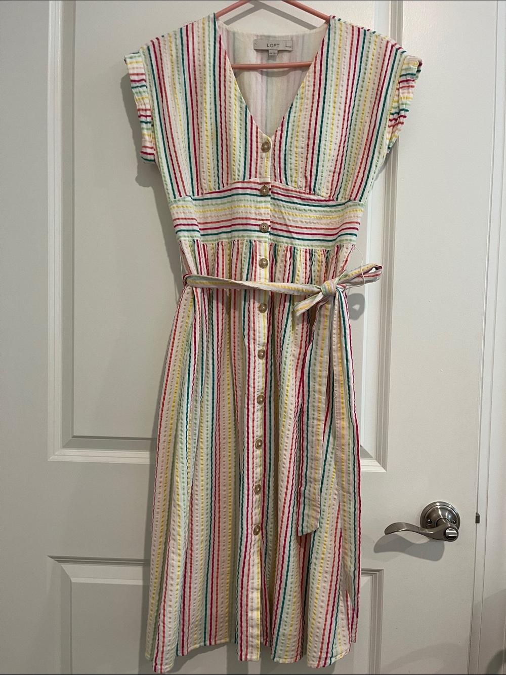 LOFT White Striped Button-Front Midi Dress with Multicolor Stripes